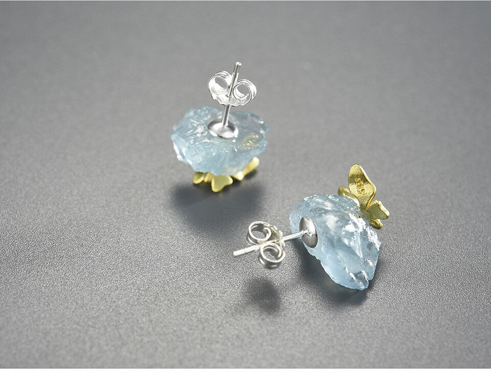 Raw Aquamarine Gemstone Dangle Hoop Earrings Luna Tide